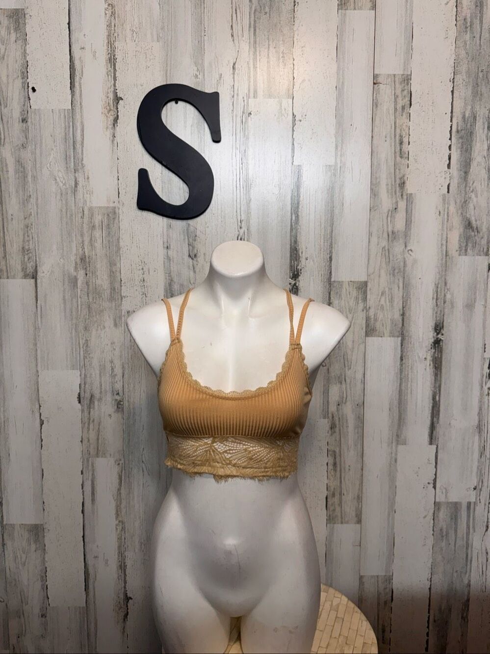SHEIN Tan Yellow Ribbed Lace Trim Bralette Crop Top Womens Size Small Strappy Ba